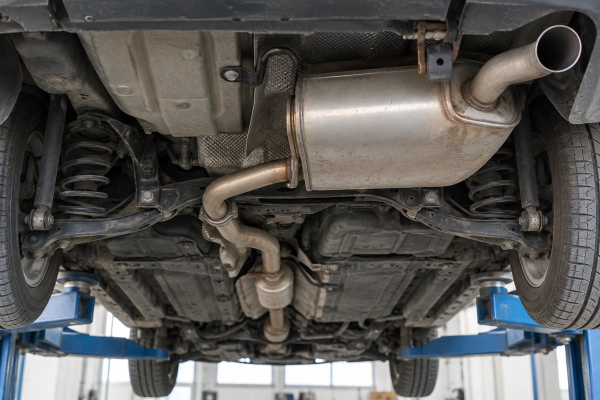Generic vehicle exhaust pipe and muffler viewed from below